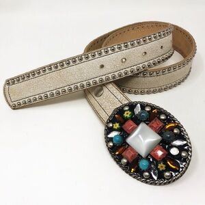 Leatherock Beige Cracked Leather Belt with Embellished Heavy Metal Oval Buckle S